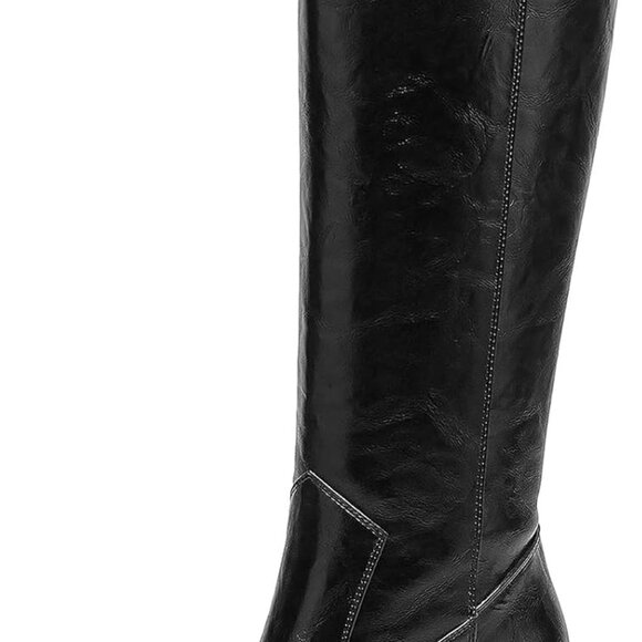 Women's Black Faux Leather Tall Block Heel Knee High Boots with Side Zipper and - Picture 1 of 7